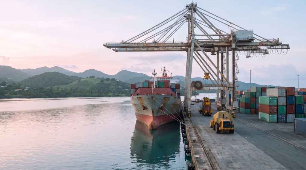 Engin de chantier déchargé dans un port d’outre-mer avant sa mise en service en Girardin industriel